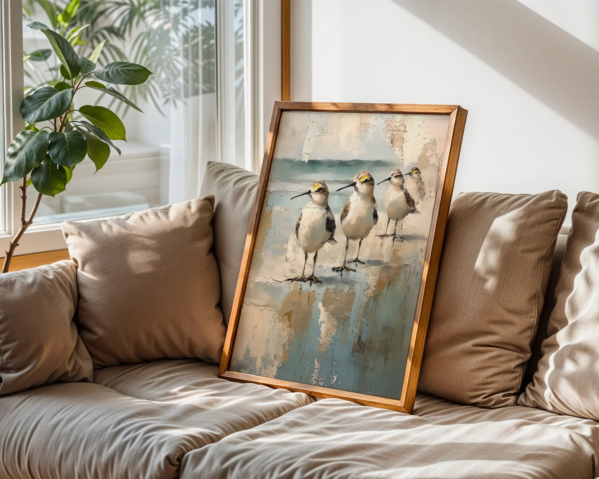 Coastal Birds Abstract Reflection Canvas Wall Art Neutral Tones — Minimalist nature artwork showing four coastal birds in soft morning light for contemporary home decor