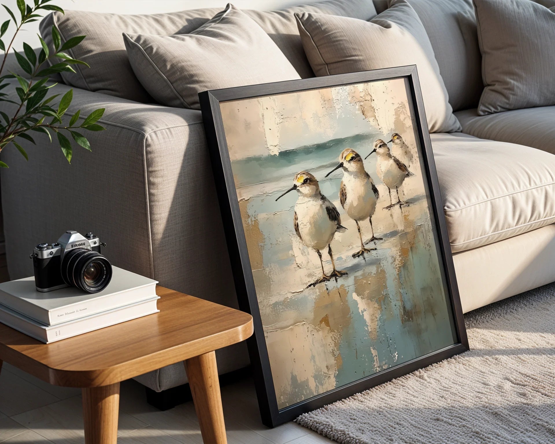 Coastal Birds Abstract Reflection Canvas Wall Art Neutral Tones — Tranquil marine life artwork depicting graceful wading birds for clean Scandinavian home aesthetics