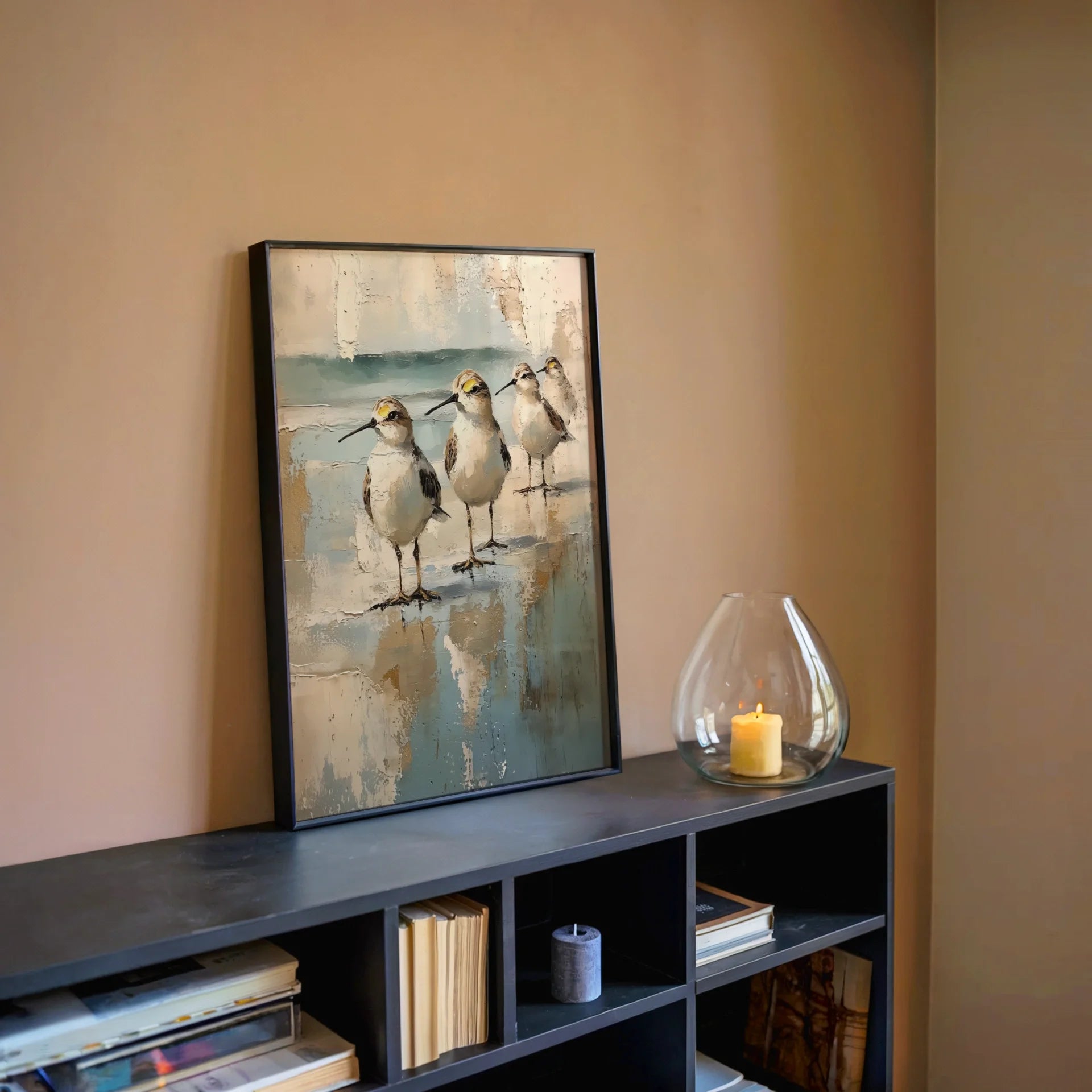 Coastal Birds Abstract Reflection Canvas Wall Art Neutral Tones — Organic shoreline composition with delicate feathered creatures for fresh coastal living spaces