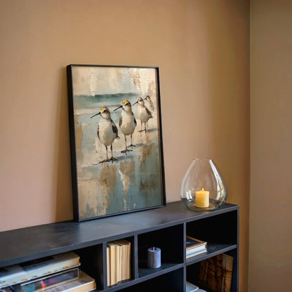 Coastal Birds Abstract Reflection Canvas Wall Art Neutral Tones — Organic shoreline composition with delicate feathered creatures for fresh coastal living spaces