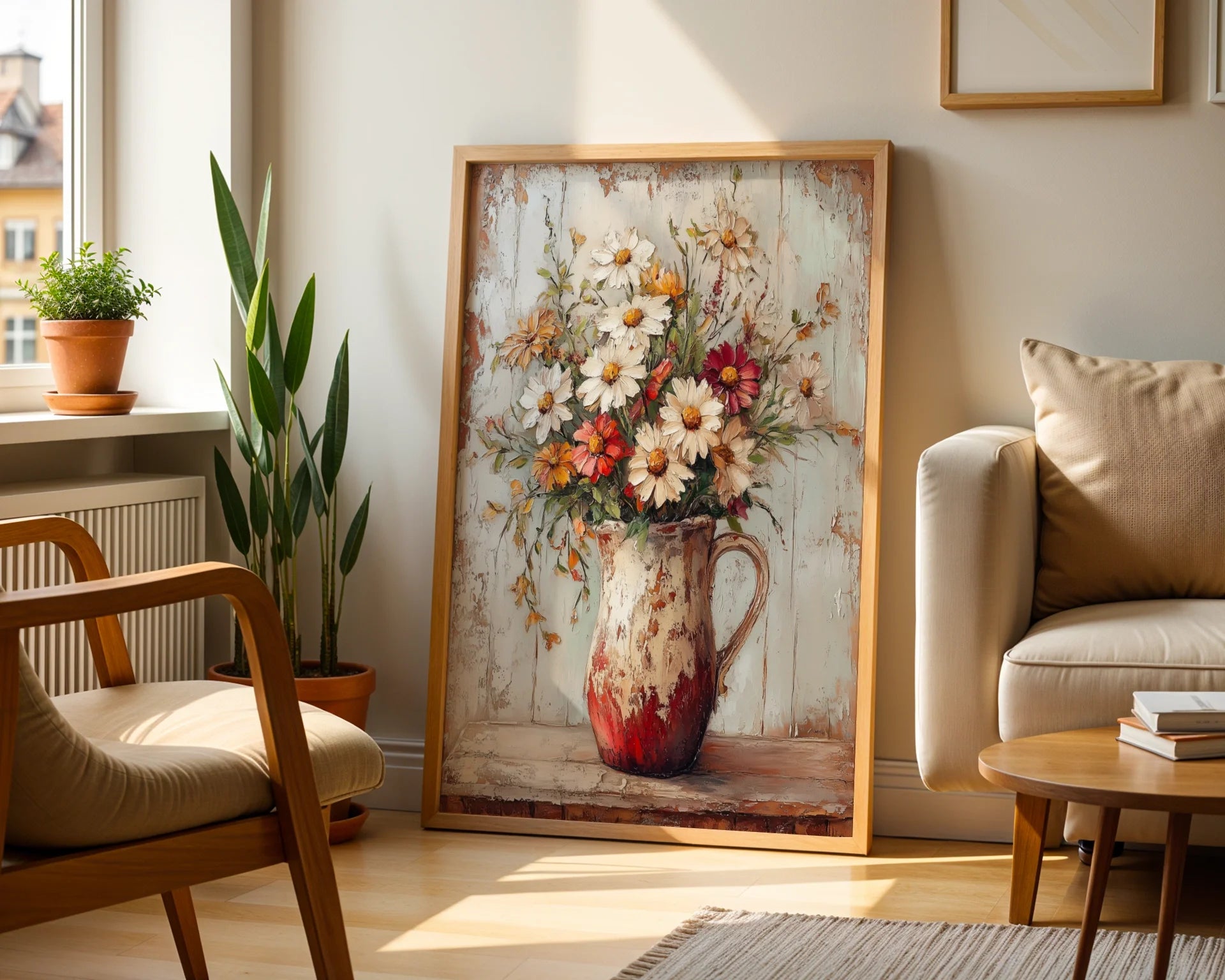 Farmhouse Wildflower Canvas Wall Art Cosmos Daisies Pitcher — Charming countryside canvas showcasing ceramic vessel overflowing with wildflowers for farmhouse decor