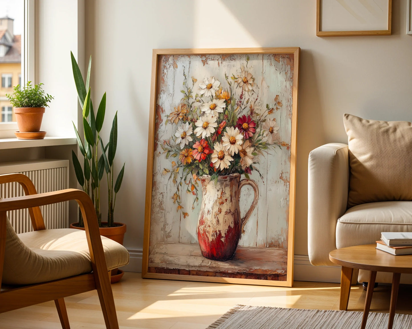 Farmhouse Wildflower Cosmos Daisies Pitcher in room
