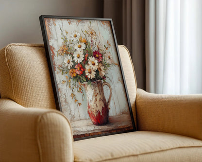 Farmhouse Wildflower Canvas Wall Art Cosmos Daisies Pitcher — Country inspired canvas displaying cracked ceramic with flourishing daisies for vintage home styling