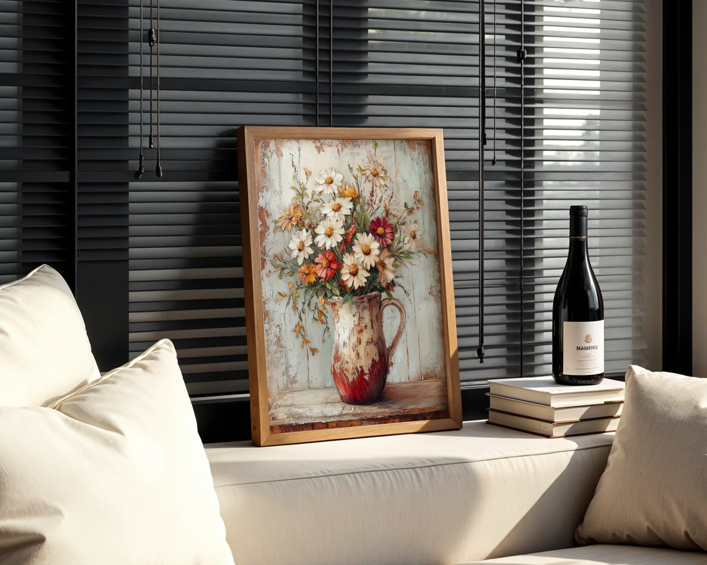 Farmhouse Wildflower Canvas Wall Art Cosmos Daisies Pitcher — Cottage core artwork showing aged pottery bursting with wild cosmos for shabby chic interiors