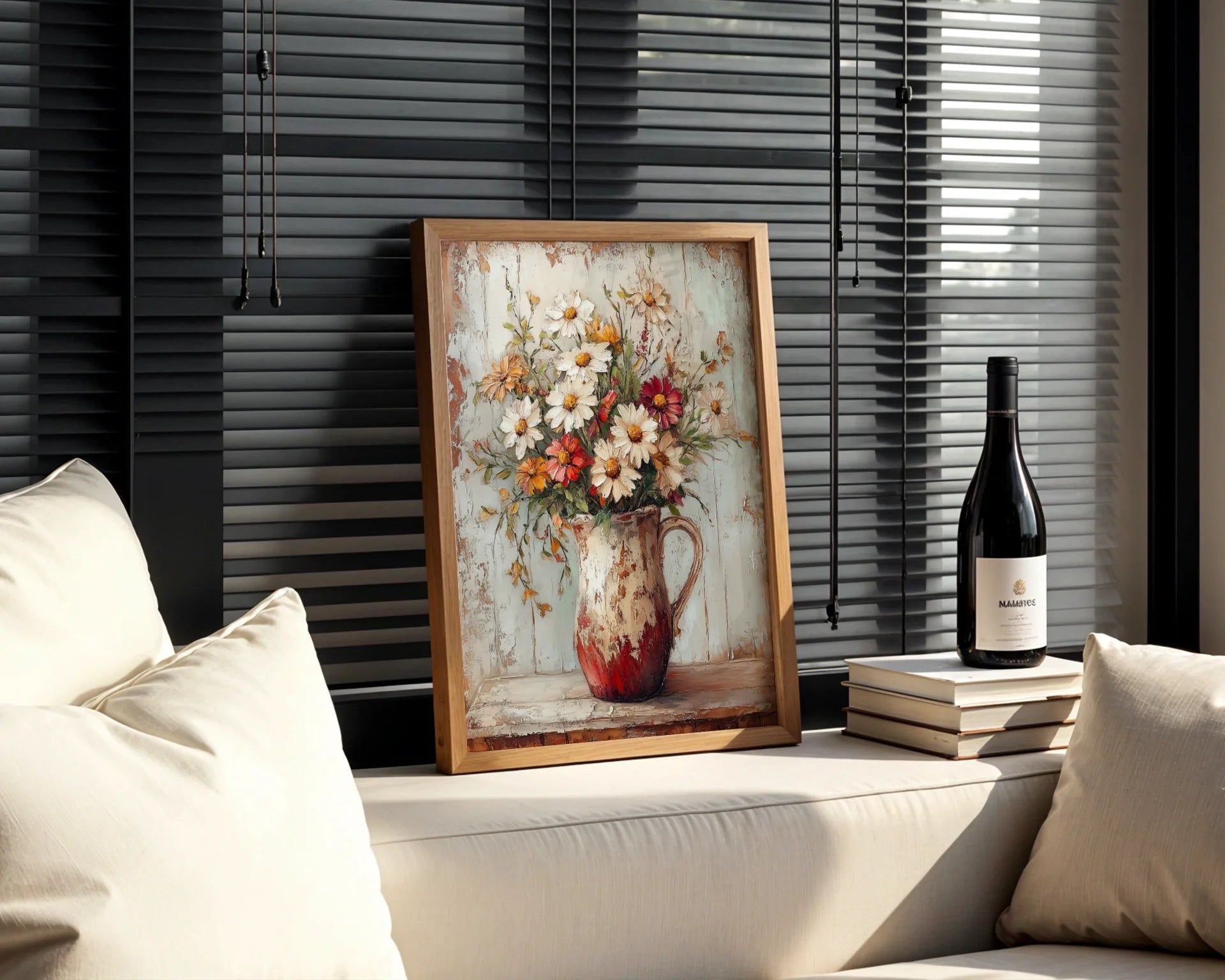 Farmhouse Wildflower Cosmos Daisies Pitcher in room