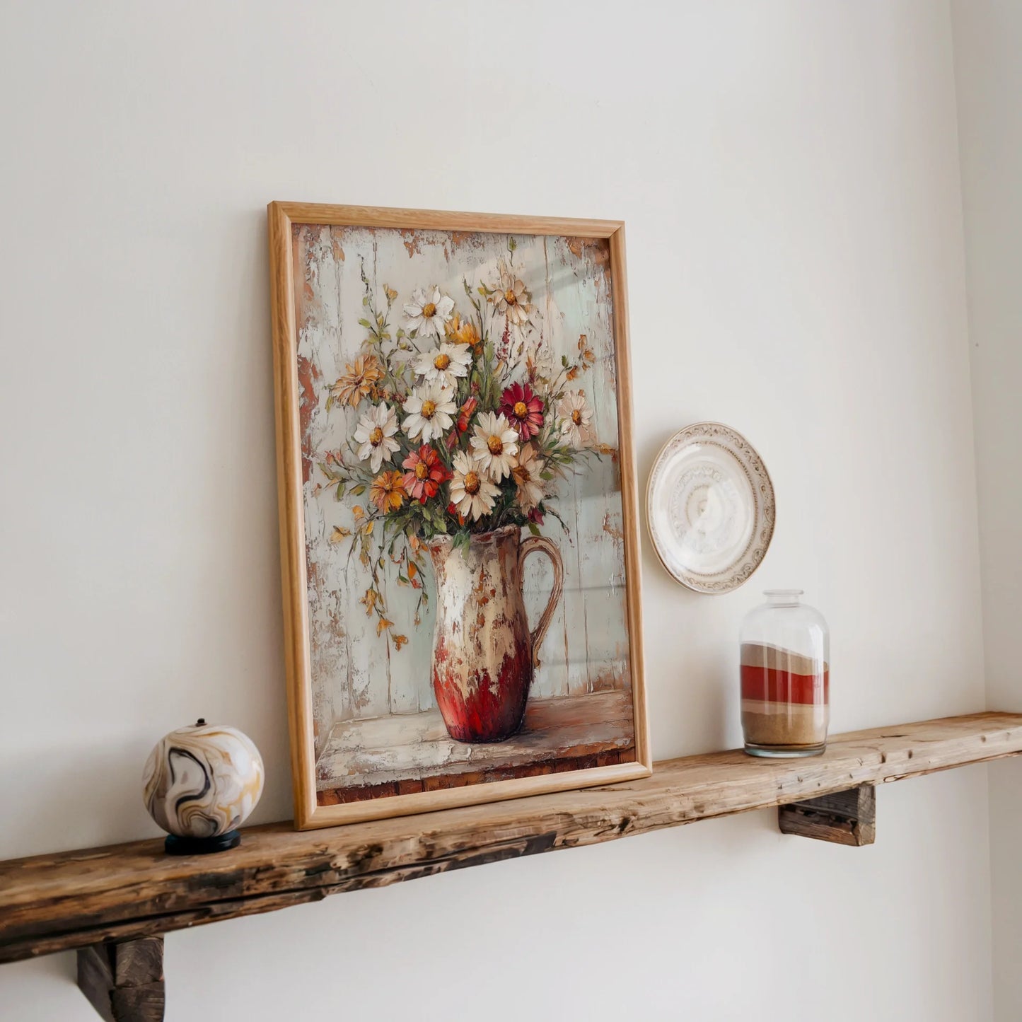 Farmhouse Wildflower Canvas Wall Art Cosmos Daisies Pitcher — Botanical canvas art featuring distressed ceramic vessel with blooming flowers for rustic home decor