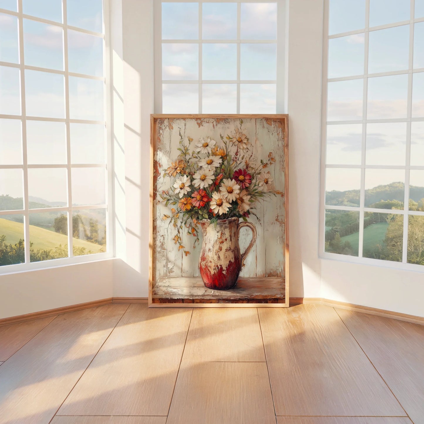 Farmhouse Wildflower Cosmos Daisies Pitcher in room