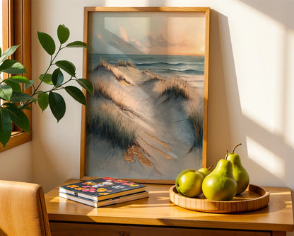 Coastal Pathway Oil Painting Weathered Boardwalk Canvas Art — Nautical seascape showing windswept shore pathway perfect for minimalist living room design