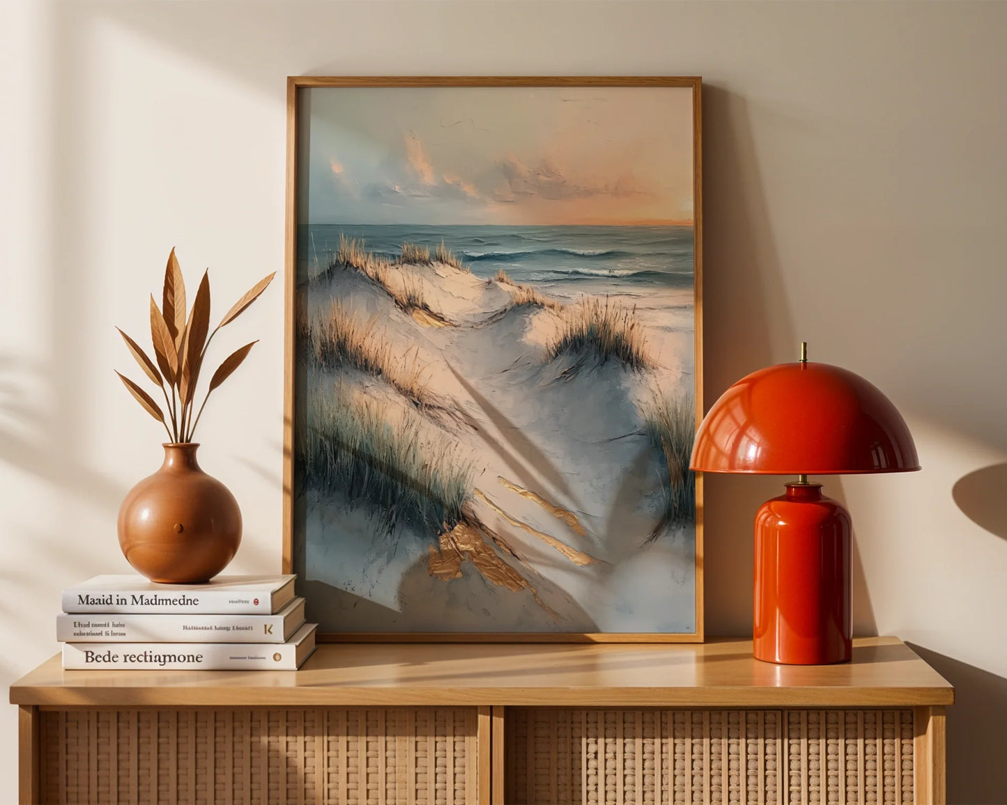 Coastal Pathway Oil Painting Weathered Boardwalk Canvas Art — Seascape canvas print showcasing rustic timber trail winding through coastal grasses for decor