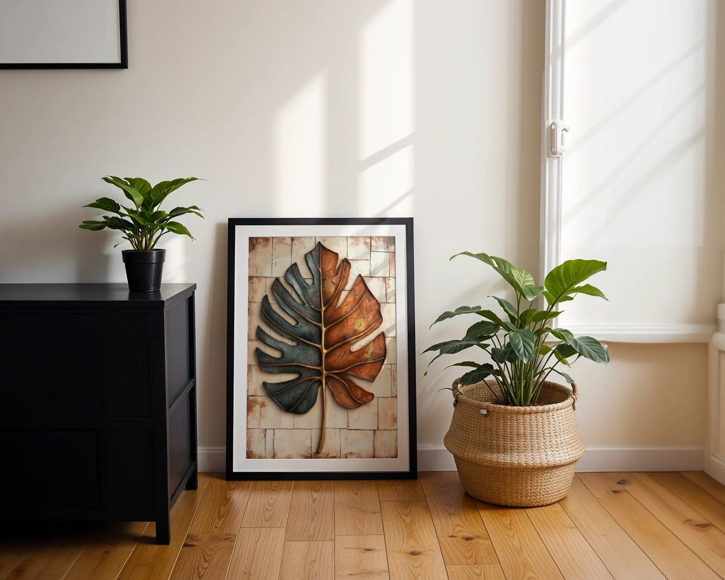 Monstera Leaf Metal Art Boho Teal Copper Canvas Wall Art — Organic bohemian artwork featuring split tropical foliage design for free-spirited home styling