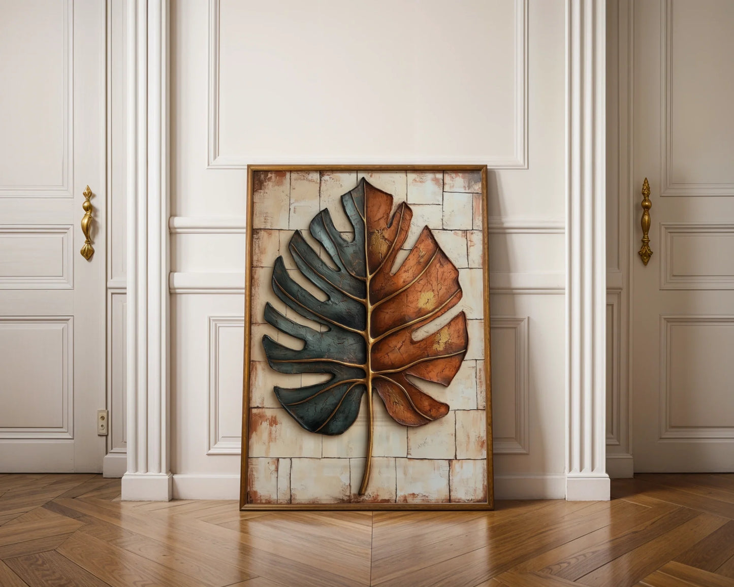 Monstera Leaf Metal Art Boho Teal Copper in room