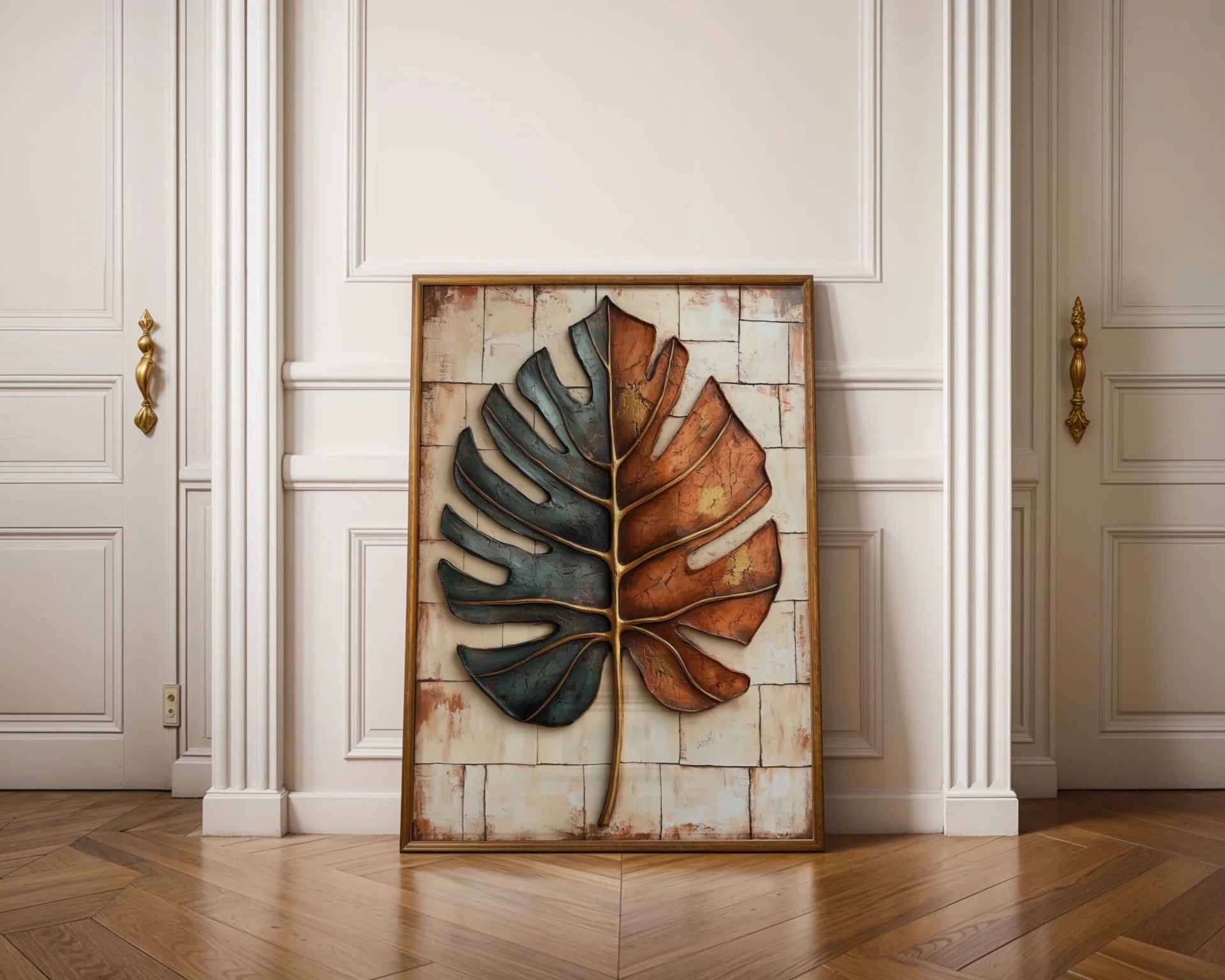 Monstera Leaf Metal Art Boho Teal Copper in room