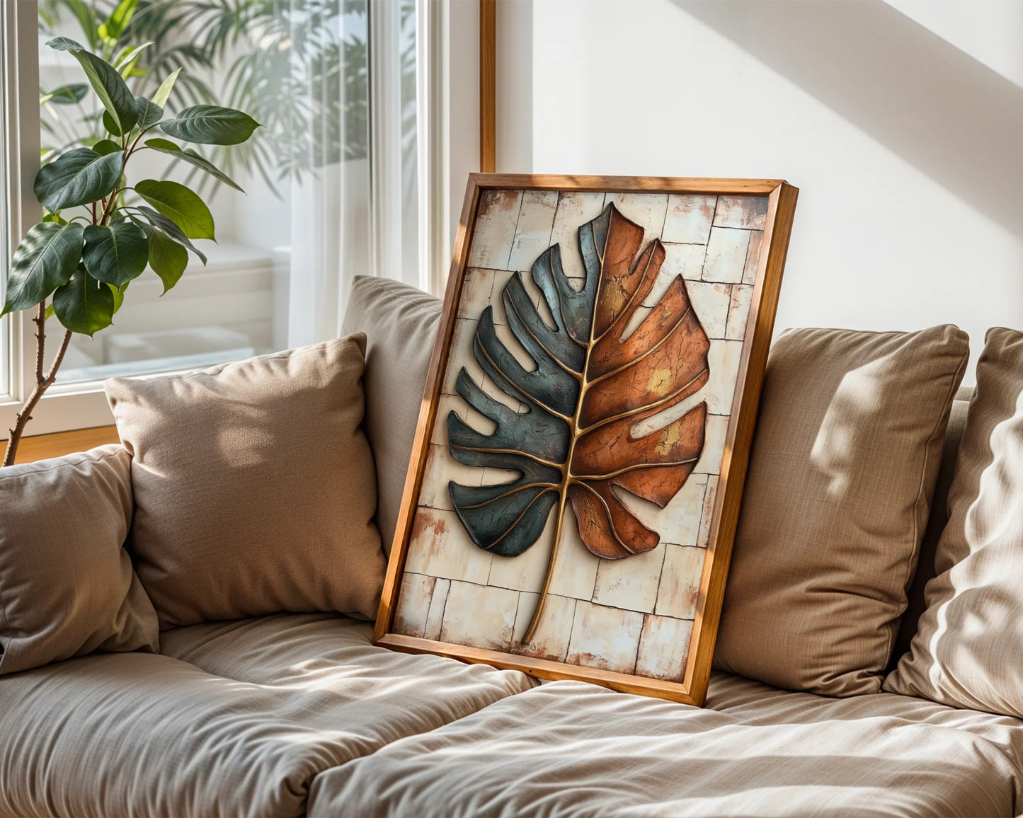 Monstera Leaf Metal Art Boho Teal Copper in room