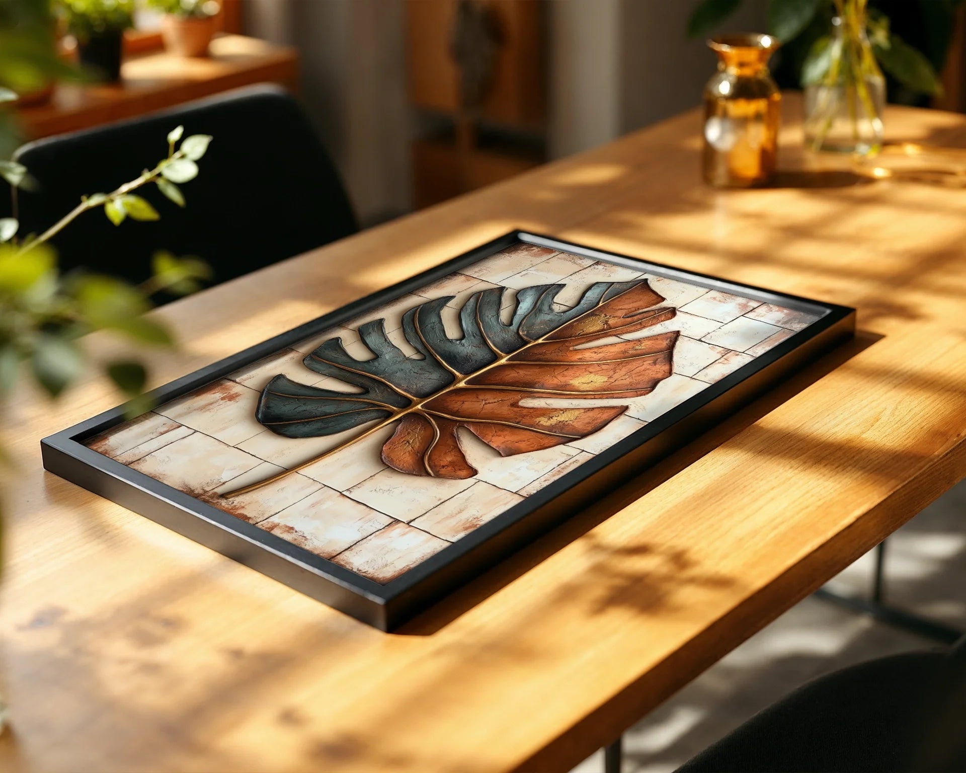Monstera Leaf Metal Art Boho Teal Copper Canvas Wall Art — Artisanal plant canvas with fractured tropical motif ideal for relaxed bohemian room styling