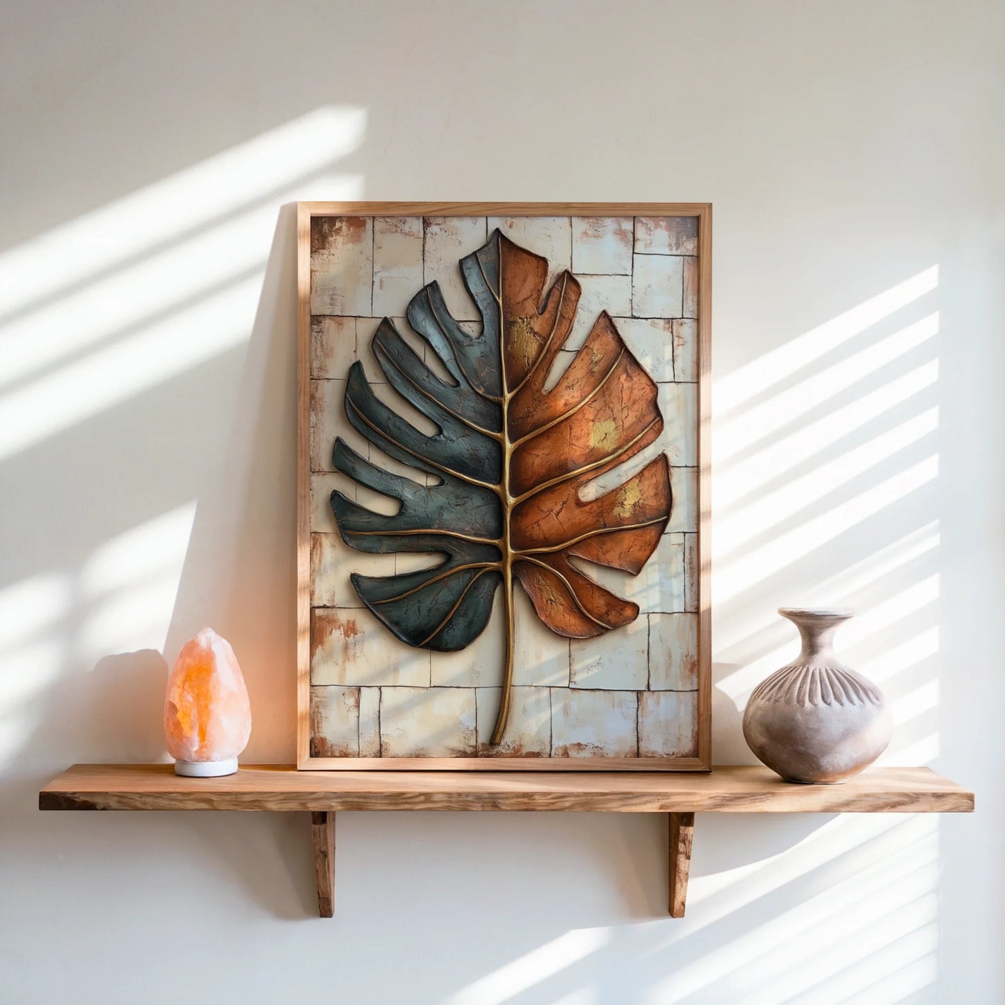 Monstera Leaf Metal Art Boho Teal Copper Canvas Wall Art — Rich bronze and sage green tones create textured leaf artwork with weathered metallic finish