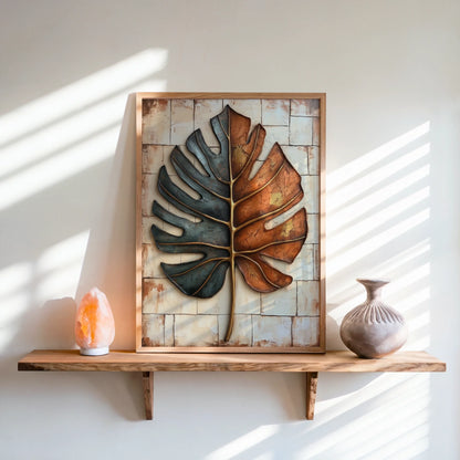 Monstera Leaf Metal Art Boho Teal Copper Canvas Wall Art — Rich bronze and sage green tones create textured leaf artwork with weathered metallic finish