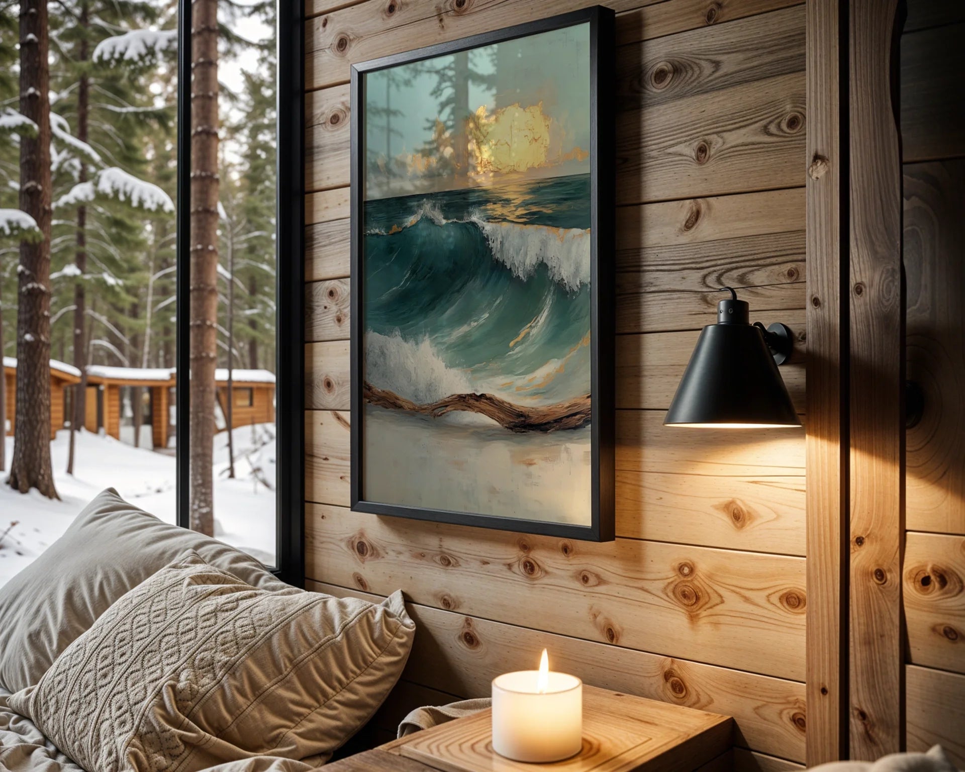 Ocean Storm Wave with Golden Clouds Canvas Wall Art — Contemporary seascape canvas featuring rolling waters meets weathered wood for minimalist home decor