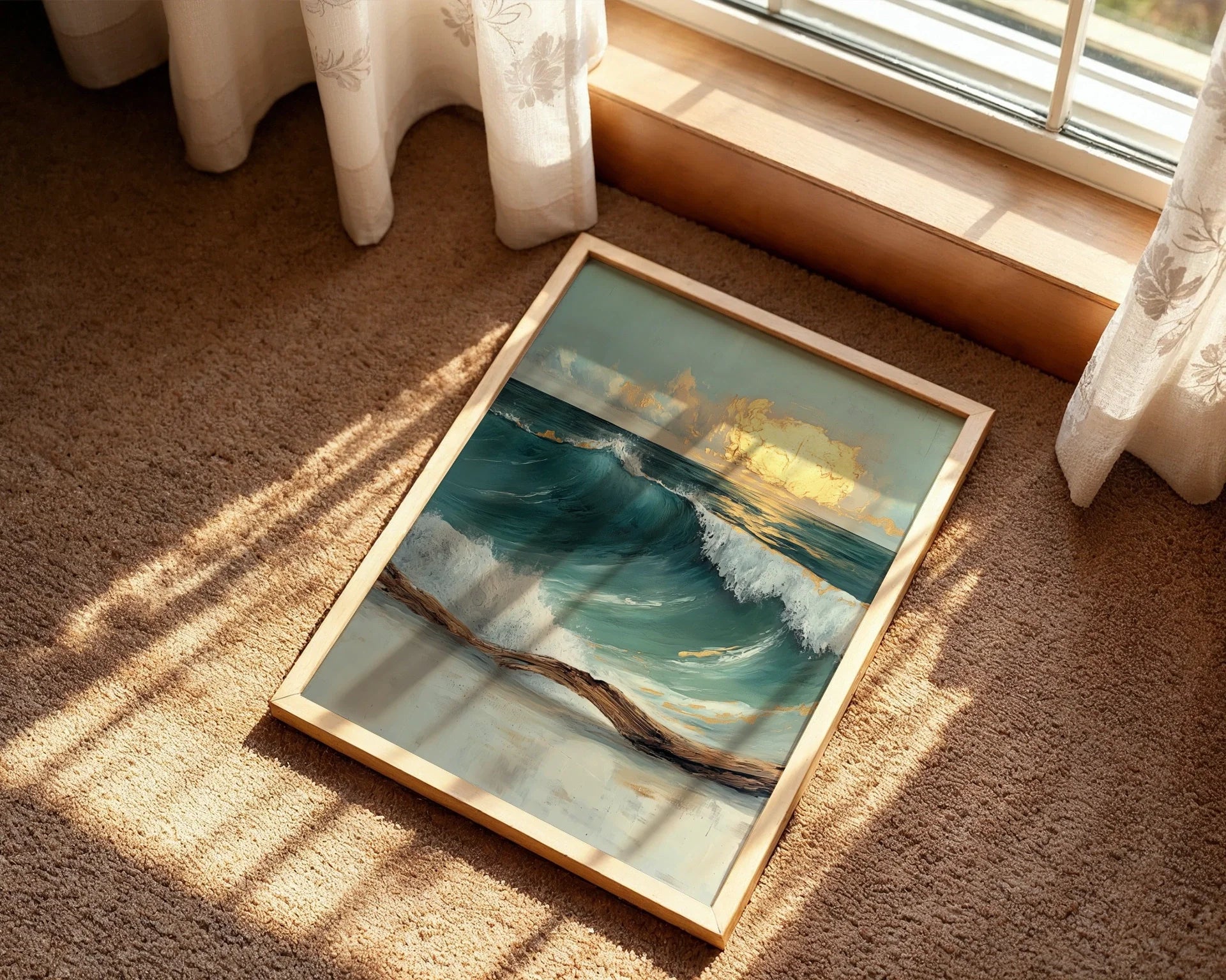 Ocean Storm Wave with Golden Clouds in room