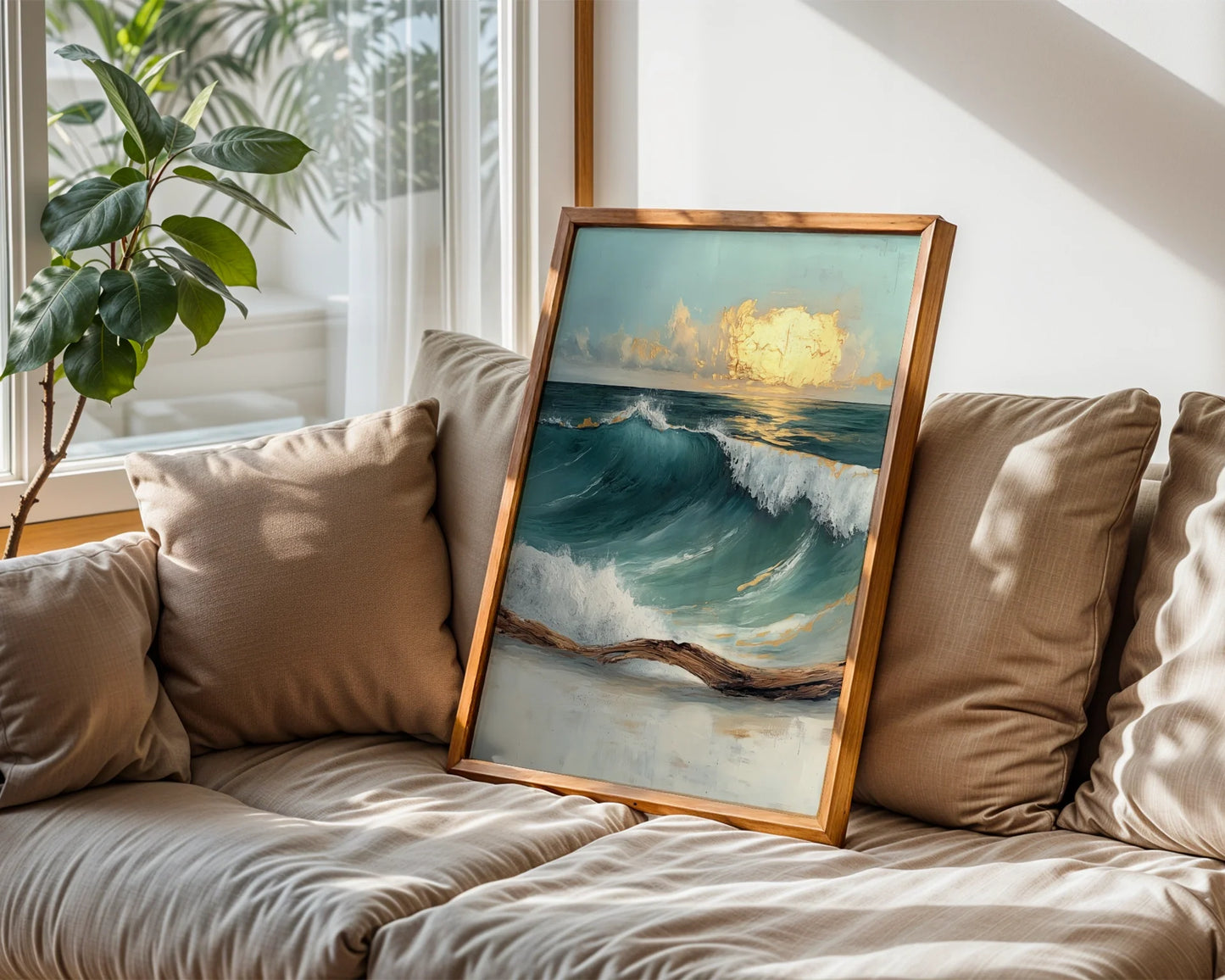 Ocean Storm Wave with Golden Clouds in room