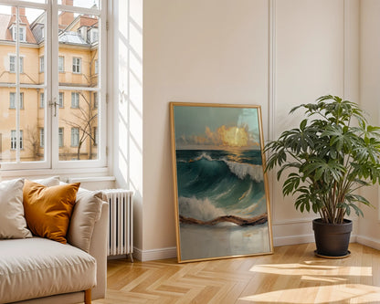 Ocean Storm Wave with Golden Clouds Canvas Wall Art — Clean-lined aquatic print captures flowing tides in deep teals for contemporary coastal living
