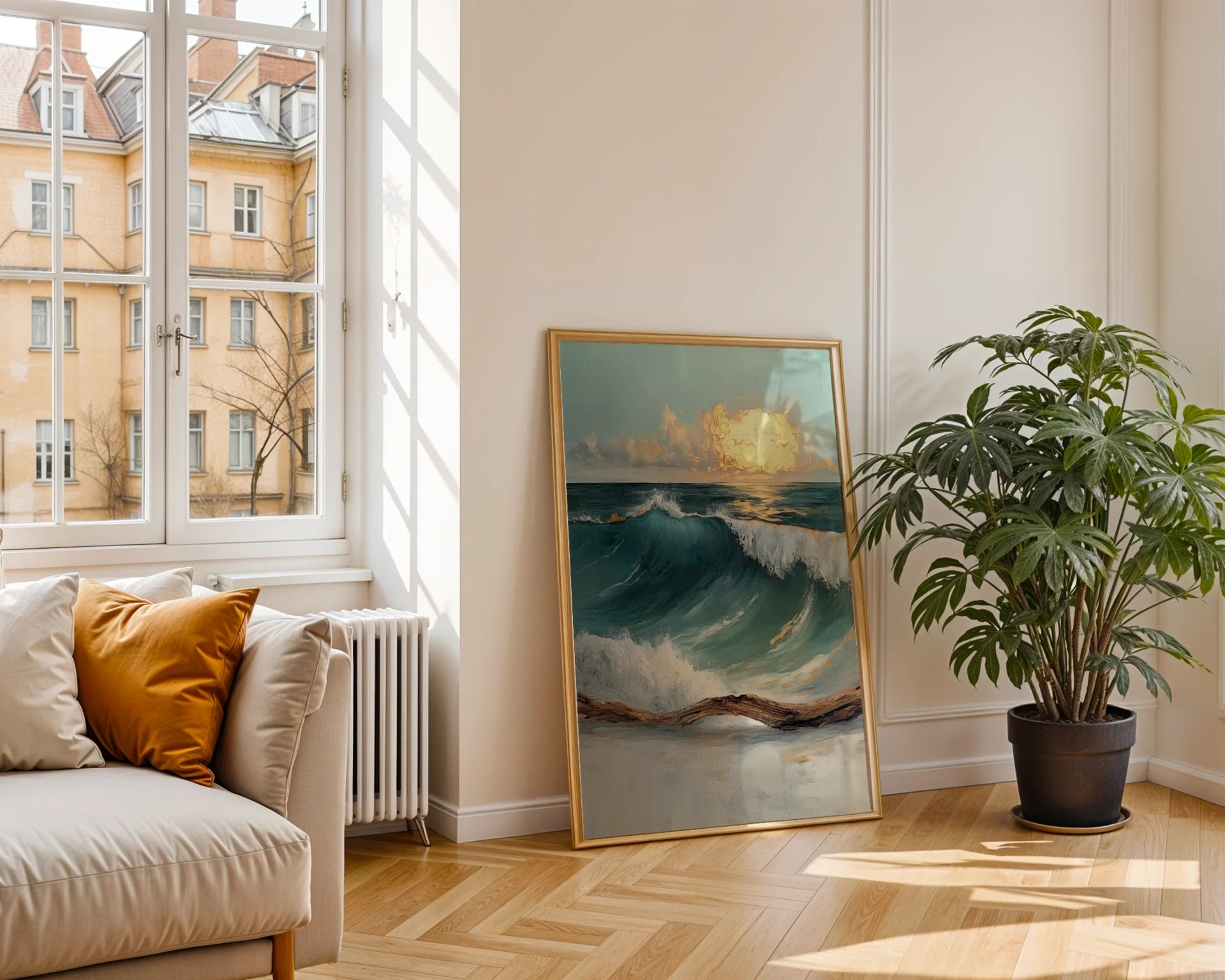 Ocean Storm Wave with Golden Clouds in room