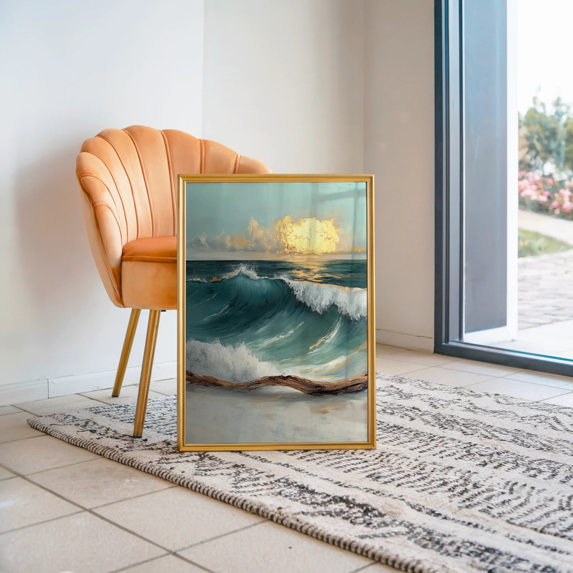Ocean Storm Wave with Golden Clouds in room