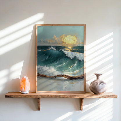 Ocean Storm Wave with Golden Clouds in room