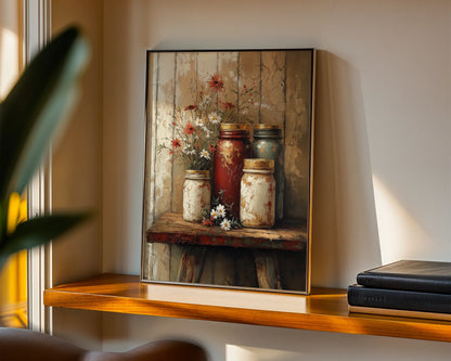 Rustic Farmhouse Mason Jar Wildflower Canvas Wall Art — Time-worn glass containers display prairie flowers on reclaimed wood for traditional home aesthetics
