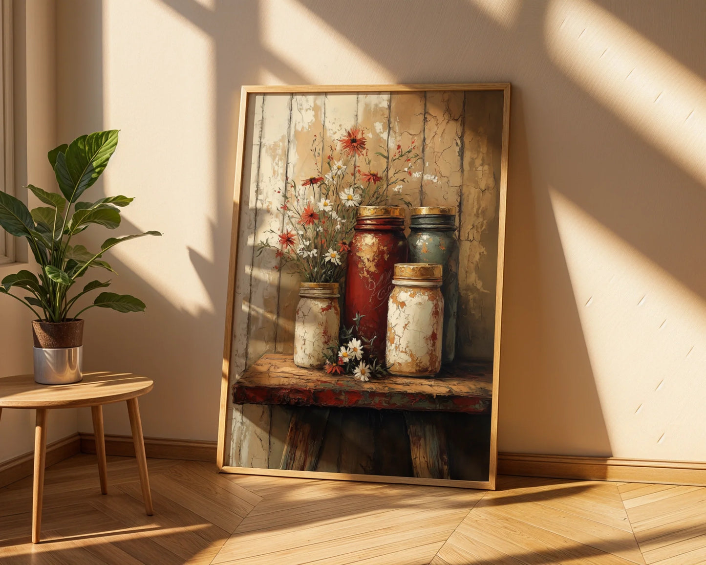 Rustic Farmhouse Mason Jar Wildflower Canvas Wall Art — Chipped glass vessels embrace garden stems against rough-hewn boards for romantic cottage ambiance