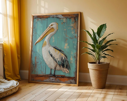 Coastal Bird Canvas Pelican Turquoise Doorway Wall Art — Maritime canvas print showcasing majestic seabird in aged wooden doorframe for beachhouse decor