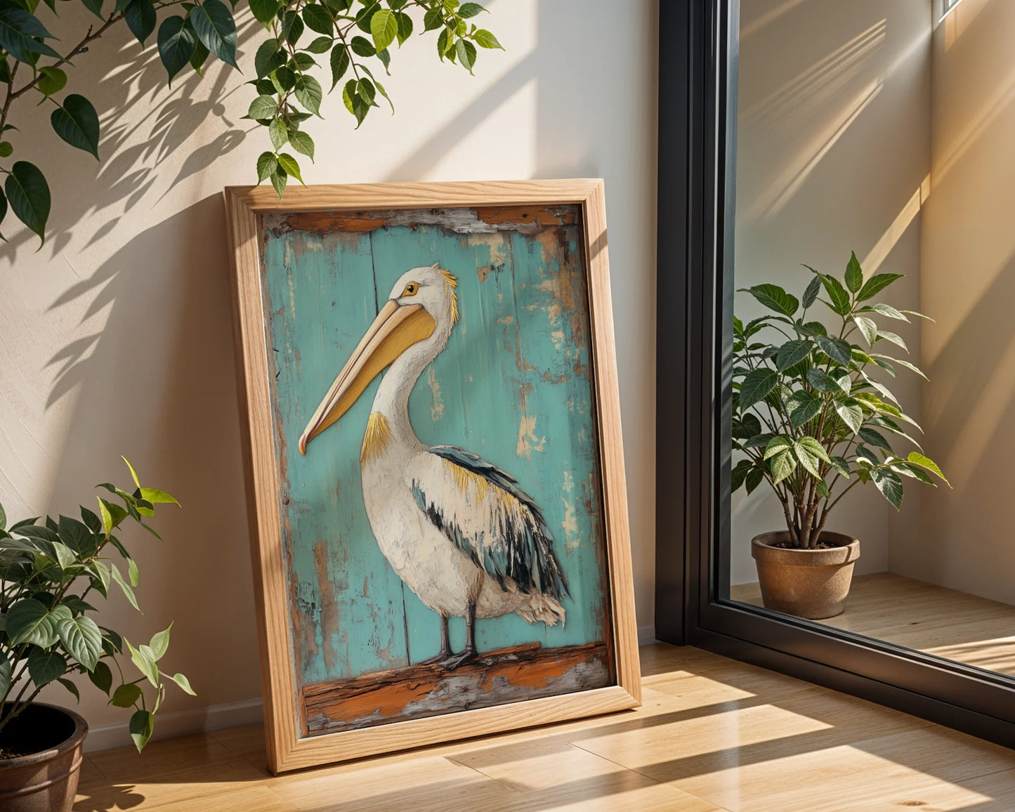 Coastal Bird Canvas Pelican Turquoise Doorway Wall Art — Antique nautical artwork featuring graceful waterfowl against time-worn entrance for cottage styling