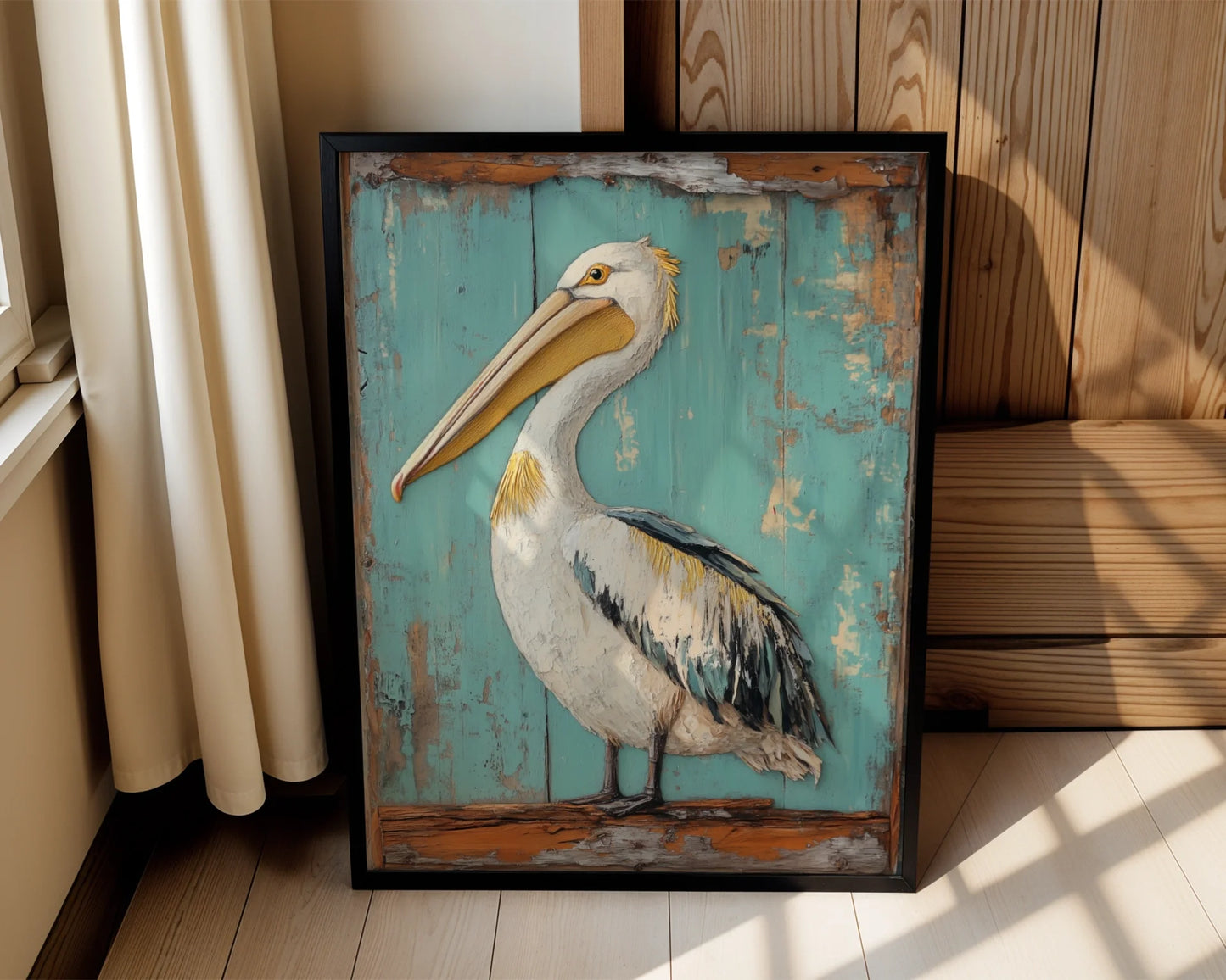 Coastal Bird Canvas Pelican Turquoise Doorway Wall Art — Country seaside print displaying proud shore bird within cracked doorway for farmhouse interiors