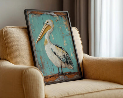 Coastal Bird Canvas Pelican Turquoise Doorway Wall Art — Rustic shoreline canvas showing noble aquatic bird in sun-bleached wooden frame for cabin decor