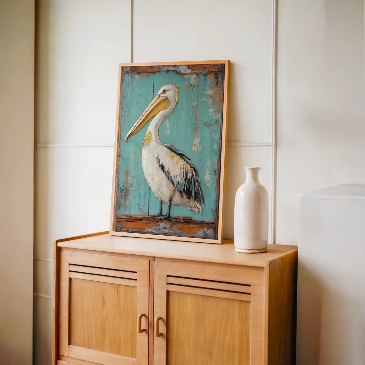 Coastal Bird Canvas Pelican Turquoise Doorway Wall Art — Bohemian beach artwork presenting serene fishing bird through vintage portal for eclectic homes