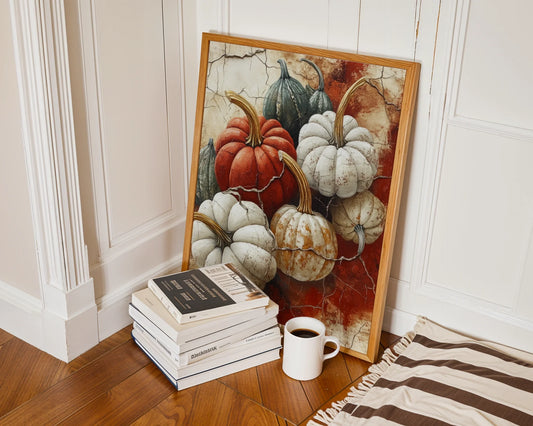 Pumpkin Still Life Seven Weathered Gourds Canvas Wall Art — Distressed canvas showcasing seven scattered squash against textured plaster for cottage style interiors