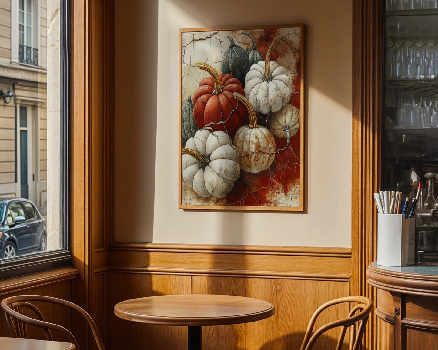 Pumpkin Still Life Seven Weathered Gourds Canvas Wall Art — Antique-inspired canvas featuring ceramic-like produce arrangement for heritage home aesthetics