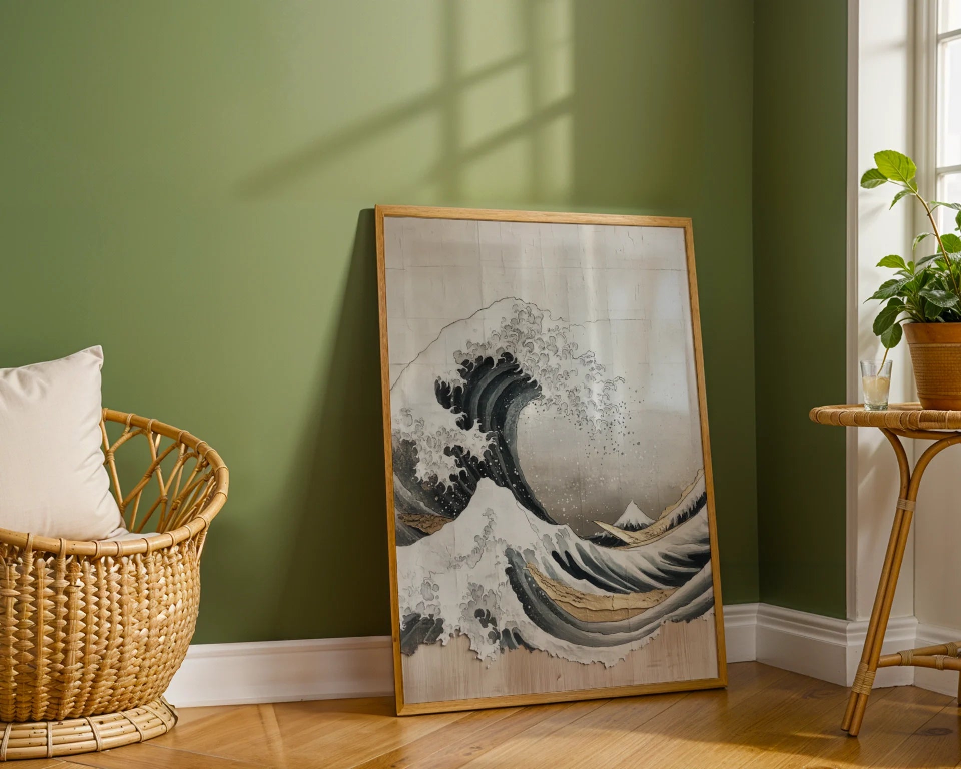 Japanese Wave Art Hokusai Inspired Weathered Canvas Wall Art — Peaceful living space showcasing dramatic seascape artwork with metallic highlights and organic forms