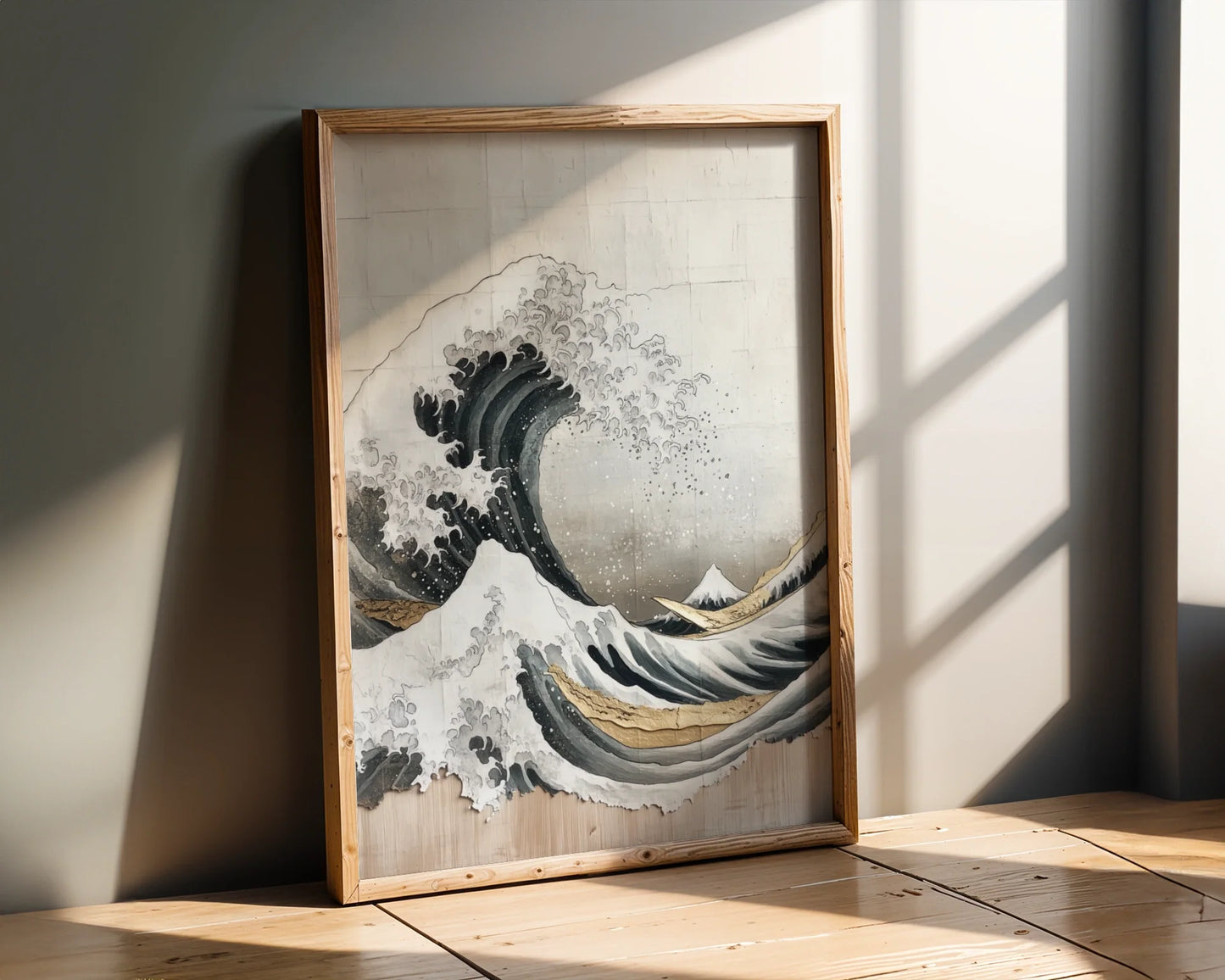 Japanese Wave Art Hokusai Inspired Weathered Canvas Wall Art — Tranquil modern interior displaying weathered ocean canvas with earthy tones and simple aesthetic