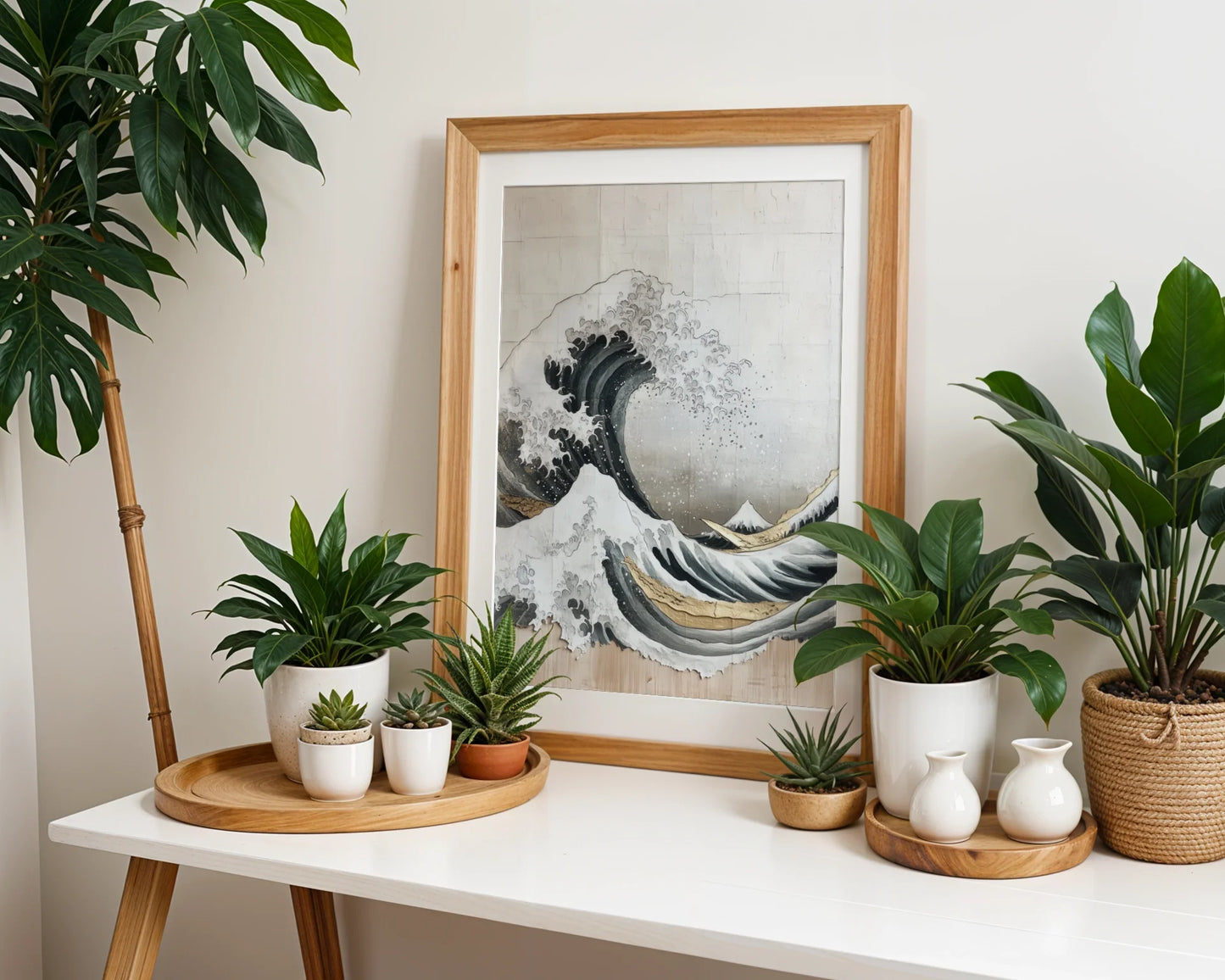 Japanese Wave Art Hokusai Inspired Weathered Canvas Wall Art — Sleek minimalist room highlighting dimensional wave artwork with vintage patina and flowing curves