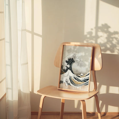 Japanese Wave Art Hokusai Inspired Weathered Canvas Wall Art — Clean Scandinavian space featuring sculptural seascape canvas with muted palette and zen vibes