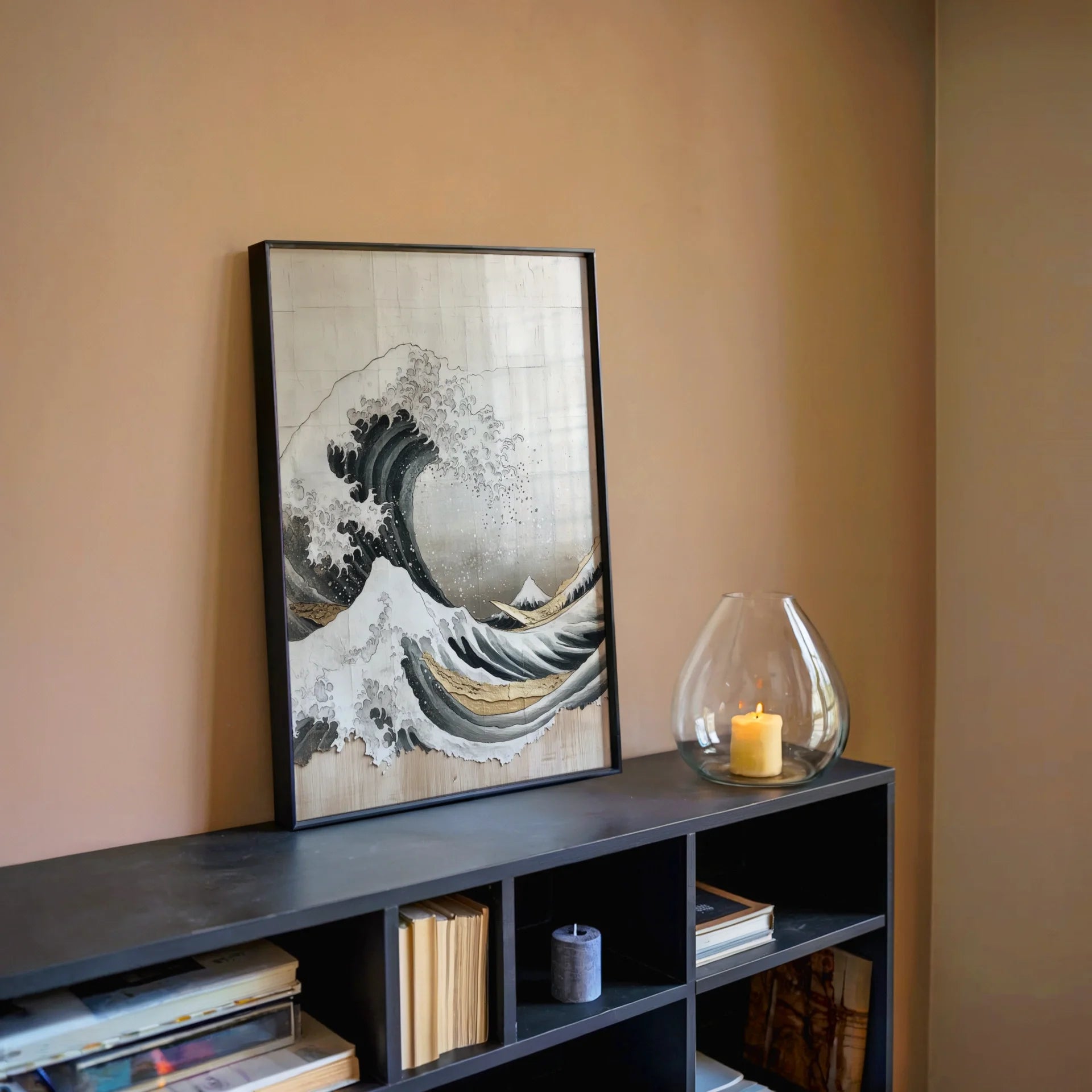 Japanese Wave Art Hokusai Inspired Weathered Canvas Wall Art — Deep charcoal and cream wave canvas with raised texture creating dramatic shadows on white wall