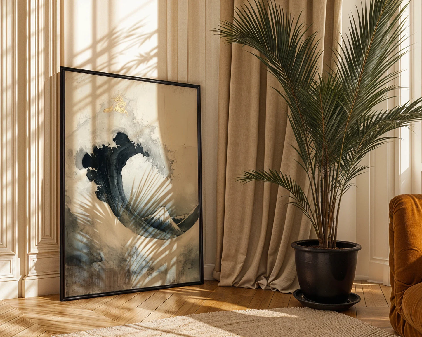Japanese Wave Art Indigo Mount Fuji Japandi in room