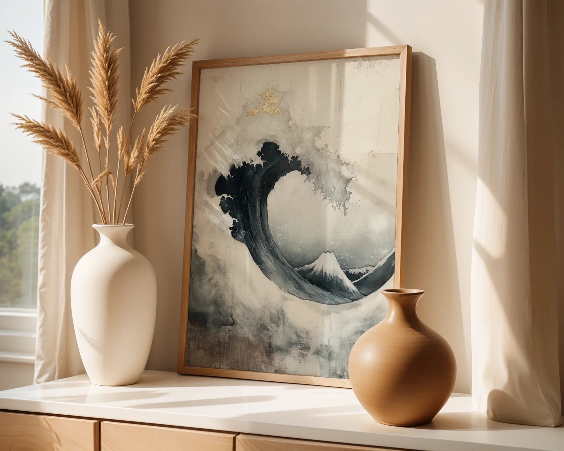 Japanese Wave Art Indigo Mount Fuji Japandi Canvas Wall Art — Deep blue water artwork displaying crashing waves with mountain peak for contemporary living spaces