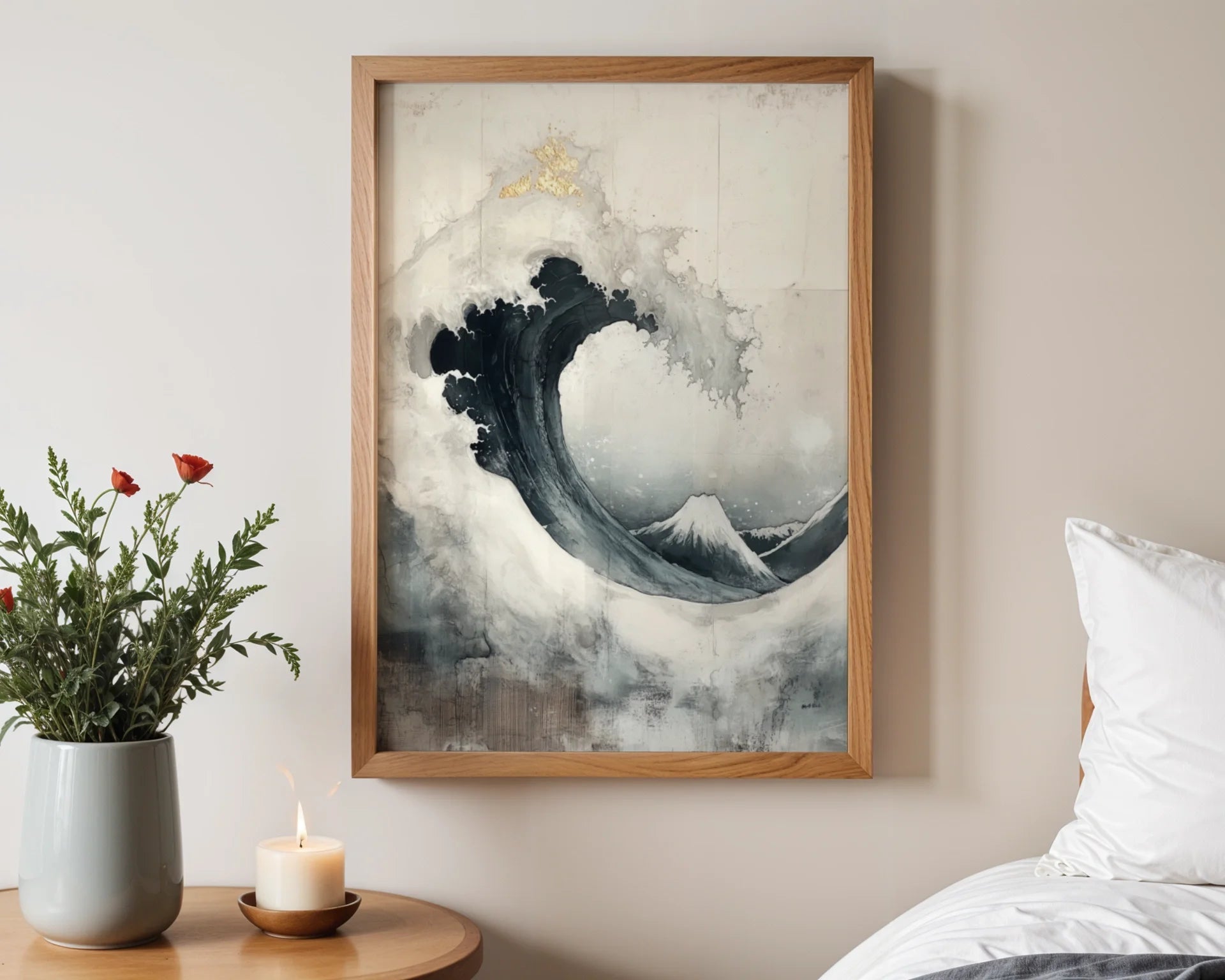 Japanese Wave Art Indigo Mount Fuji Japandi in room