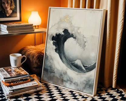 Japanese Wave Art Indigo Mount Fuji Japandi Canvas Wall Art — Traditional Asian seascape showing powerful tide with golden highlights for zen home styling