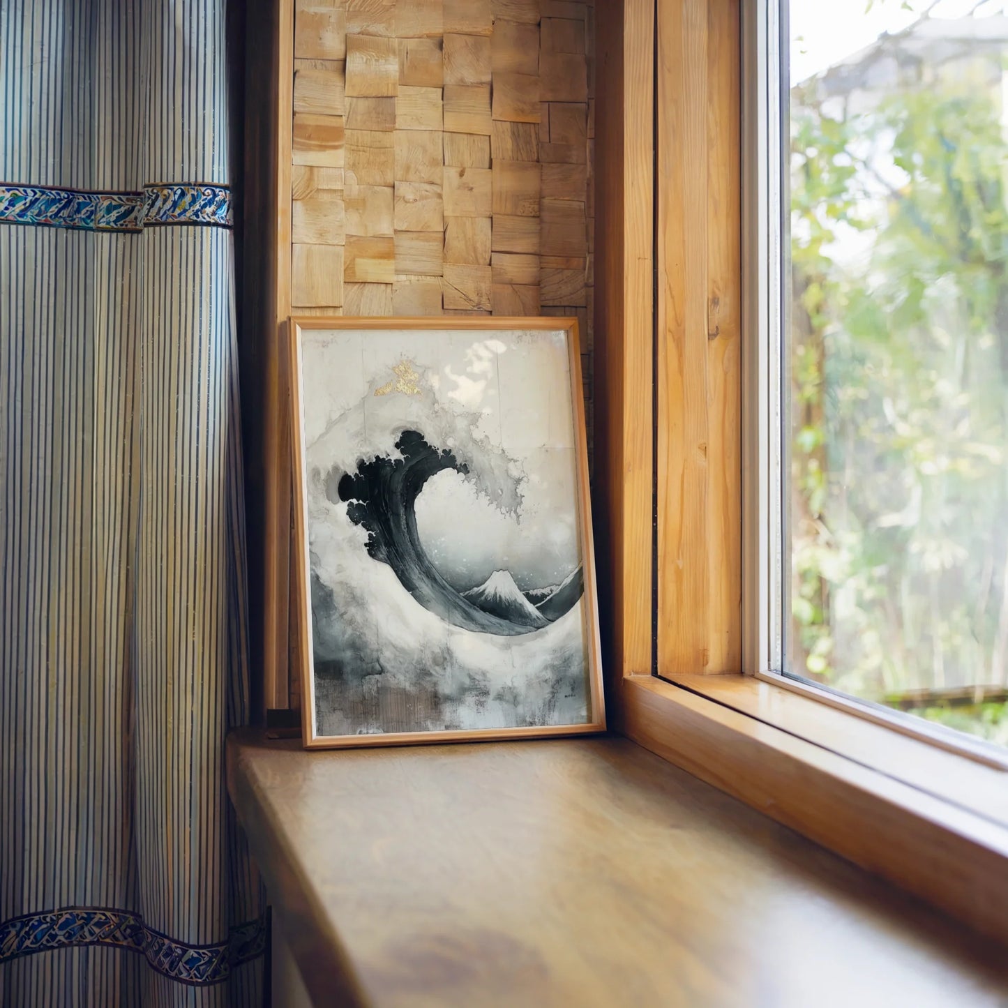 Japanese Wave Art Indigo Mount Fuji Japandi Canvas Wall Art — Clean lined artwork depicting stormy waters and rocky summit for Nordic influenced room design