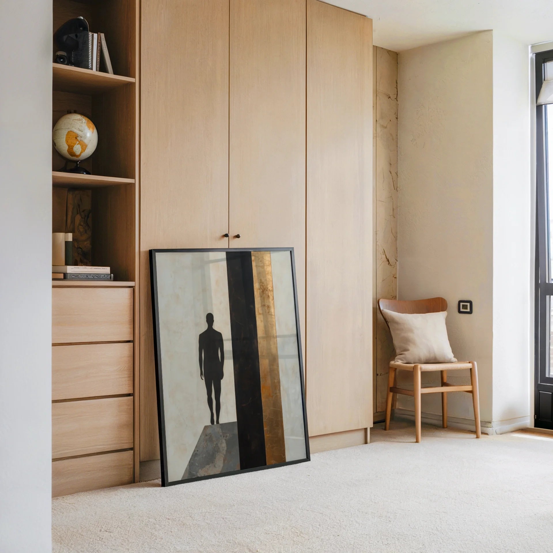 Minimalist Figure Silhouette Charcoal Void Canvas Wall Art — Rich burnt amber canvas art with deep charcoal shadows displayed in warm textured interior space