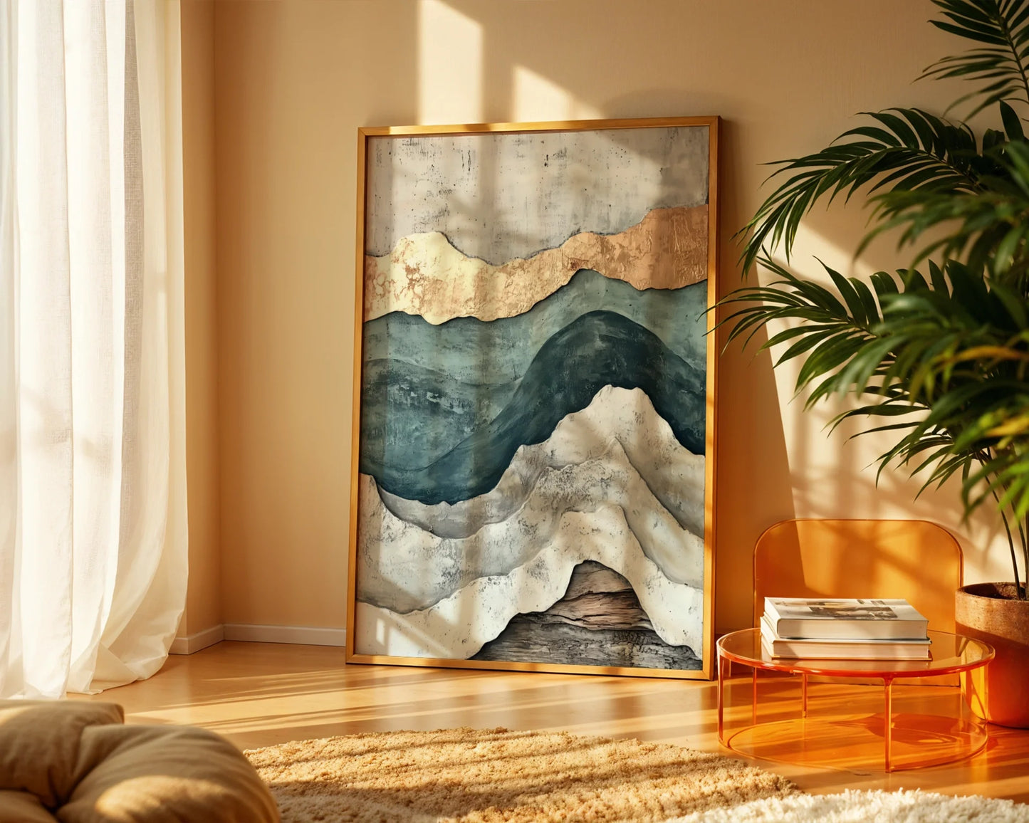 Geological Layers Earth Tone Textured Canvas Wall Art — Minimalist artwork showing stratified rock formations in sage and copper tones for contemporary interiors