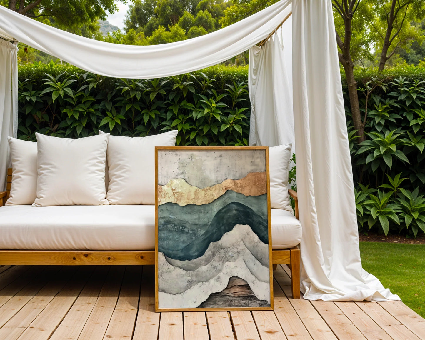 Geological Layers Earth Tone Textured Canvas Wall Art — Scandinavian decor featuring sedimentary rock patterns in muted earth tones above neutral furniture
