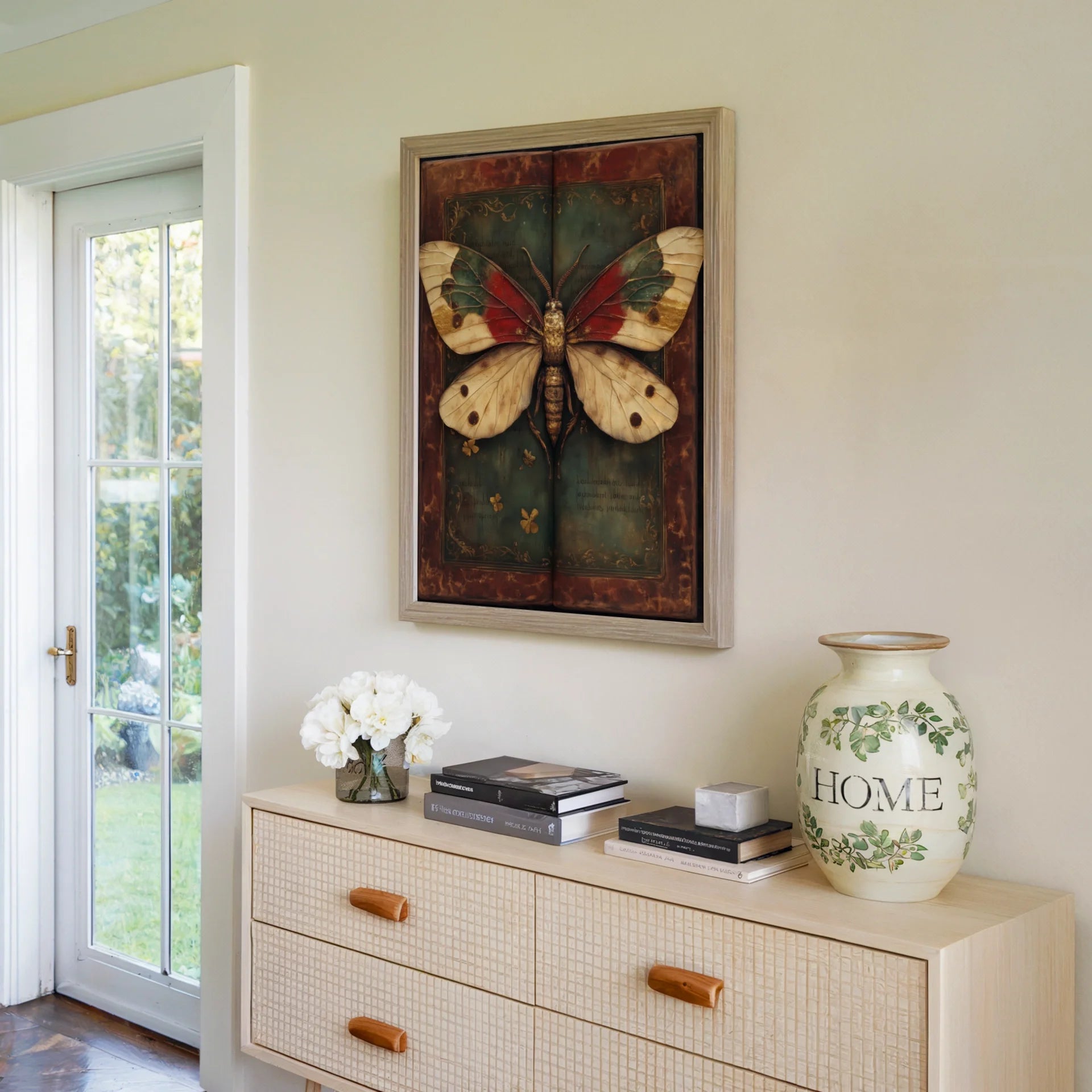 Moth Specimen Dark Academia Journal Pages Canvas Wall Art — Rich sienna and jade tones blend in textured canvas showing preserved insect on parchment
